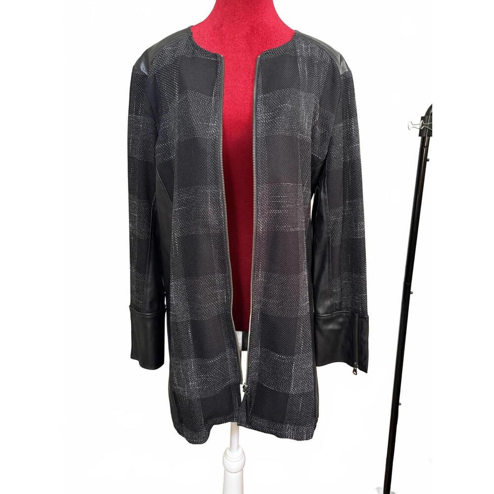 Black Long Sleeve Women's Outerwear Jacket with Zip and Leather Accents